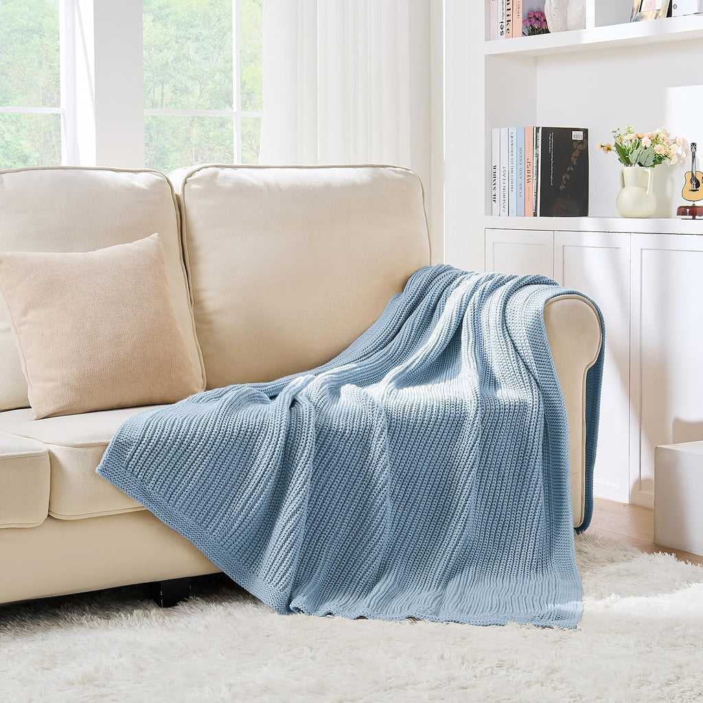 Porshmarks Chunky Knit Throw Blanket, Acrylic, Blue, 50 x 60 Inch