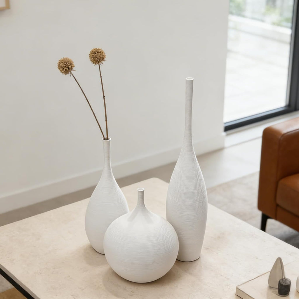 Porshmarks Ceramic Vase Set of 3, White, Matte Ribbed Finish, Narrow Neck