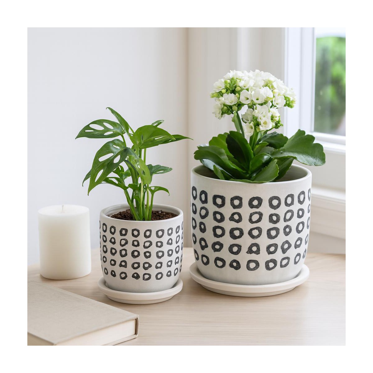 Porshmarks Black & White Patterned Ceramic Planters with Saucers, Set of 2