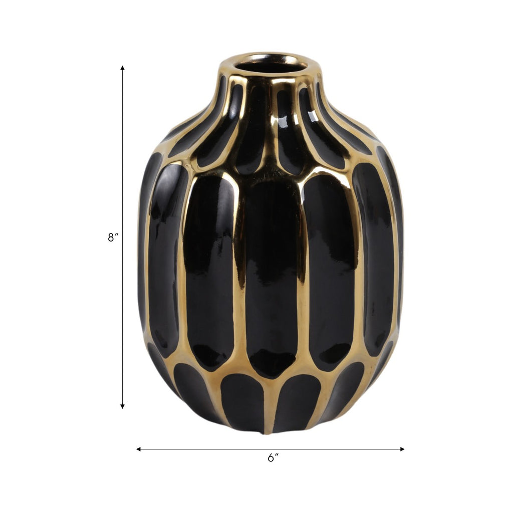 Porshmarks Fluted Ceramic Vase – Black & Gold, 8 in