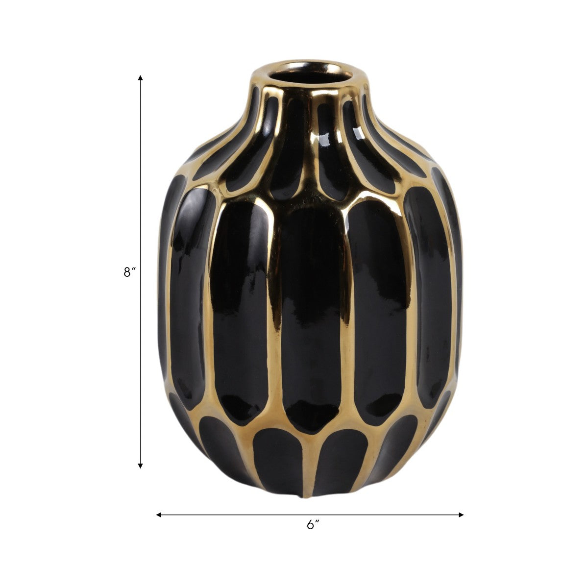 Porshmarks Fluted Ceramic Vase – Black & Gold, 8 in