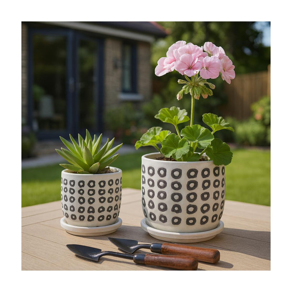 Porshmarks Black & White Patterned Ceramic Planters with Saucers, Set of 2