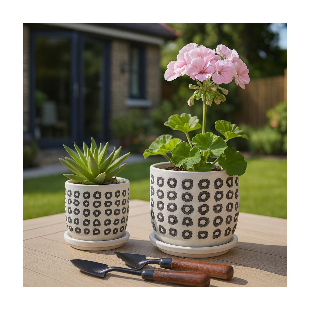 Porshmarks Black & White Patterned Ceramic Planters with Saucers, Set of 2