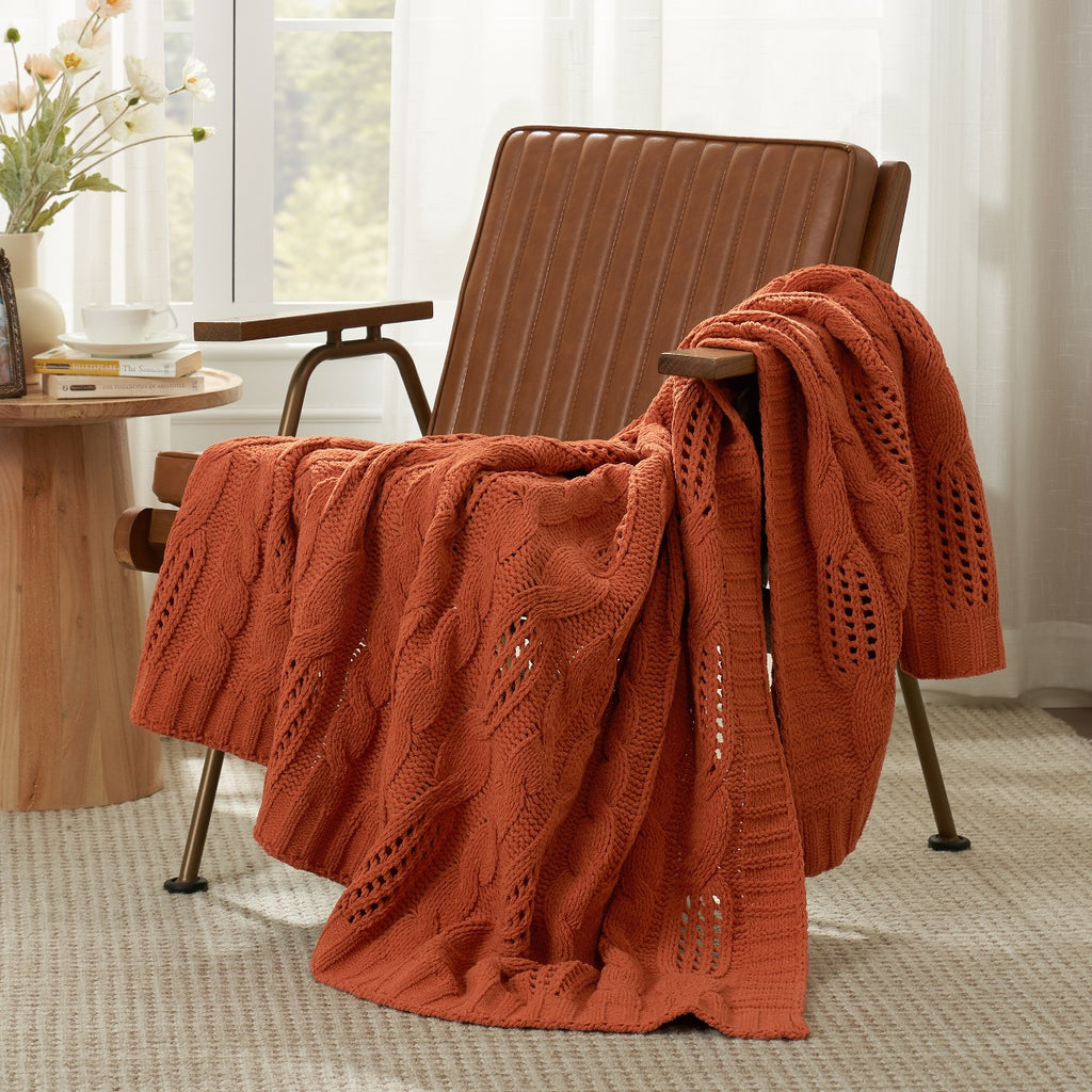 Porshmarks Cable Knit Chenille Throw Blanket – Burnt Orange, 60x80