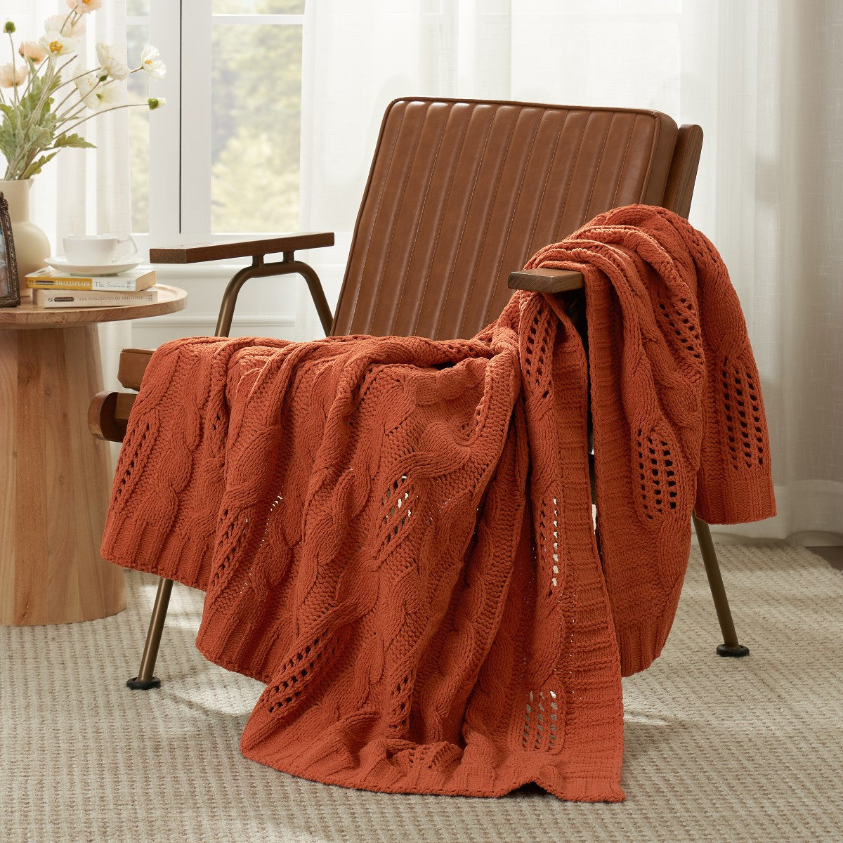 Porshmarks Cable Knit Chenille Throw Blanket – Burnt Orange, 60x80