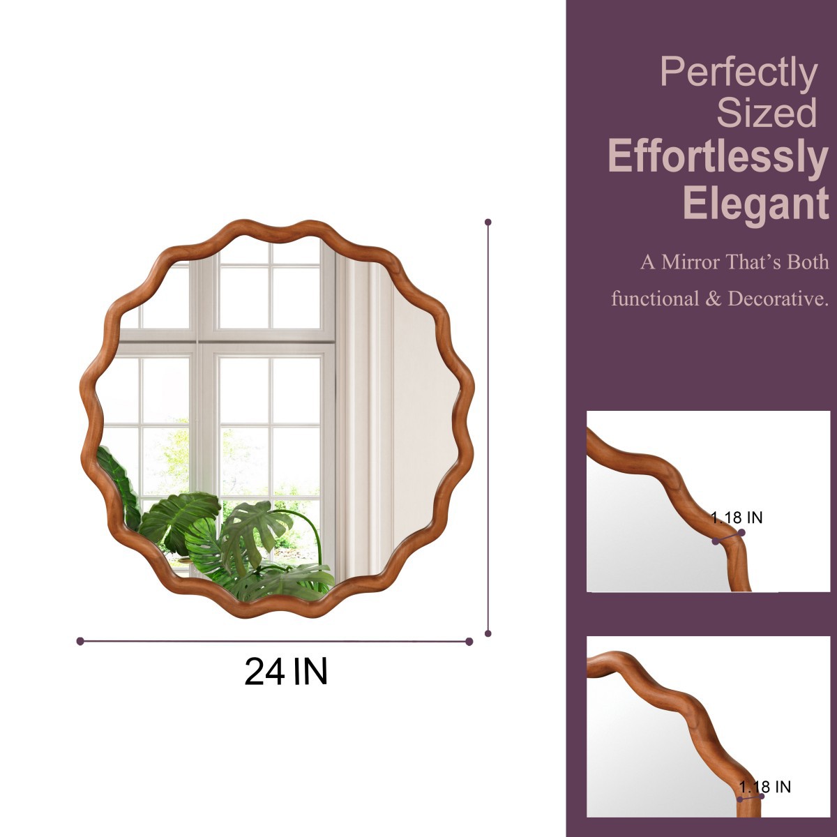 Porshmarks Round Wavy Wood Frame Wall Mirror – Brown, 24 in