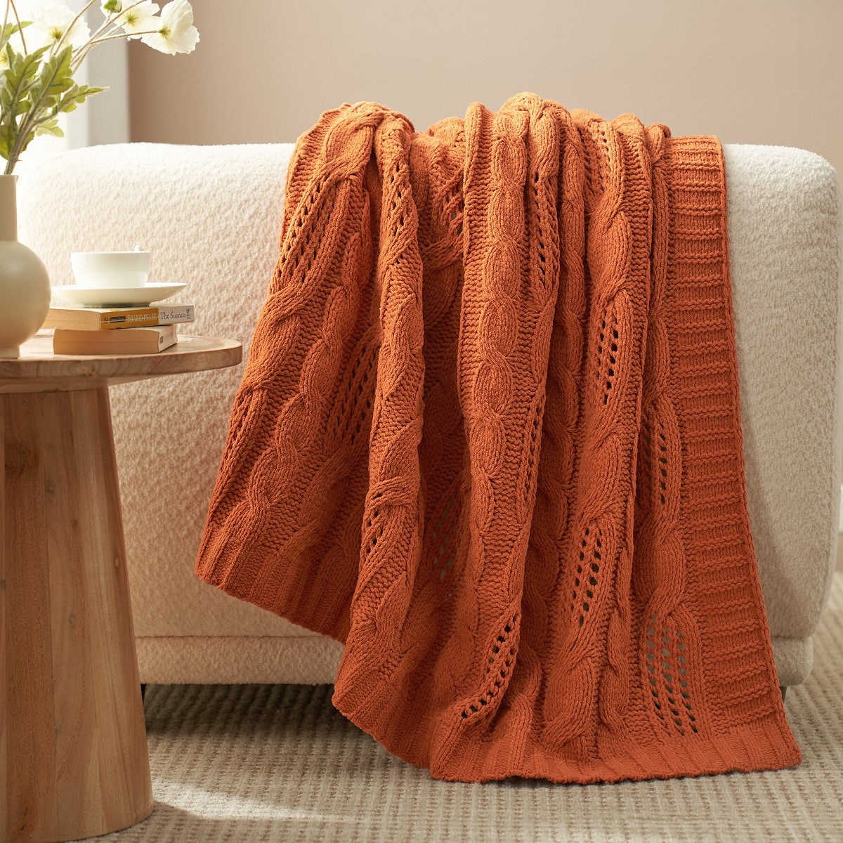 Porshmarks Cable Knit Chenille Throw Blanket – Burnt Orange, 60x80