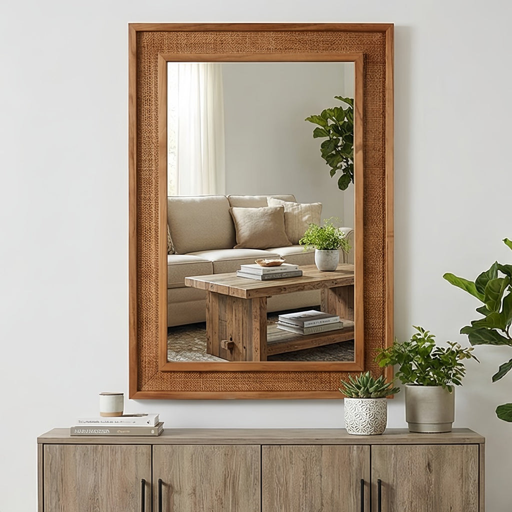 Porshmarks Rattan-Wrapped Rectangle Wall Mirror – Brown, 20x30