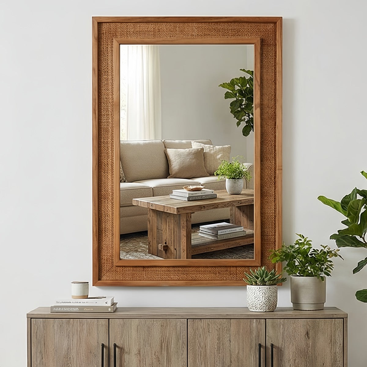 Porshmarks Rattan-Wrapped Rectangle Wall Mirror – Brown, 20x30