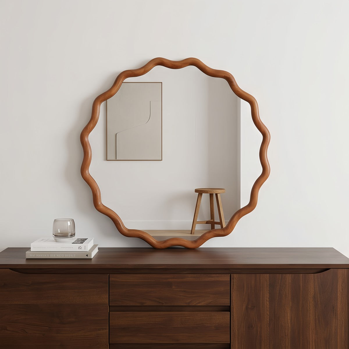 Porshmarks Round Wavy Wood Frame Wall Mirror – Brown, 24 in