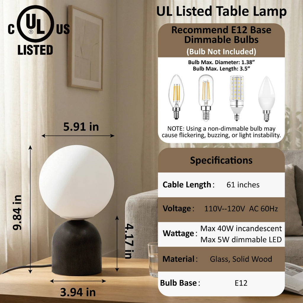 Porshmarks Opal Glass Globe Table Lamp with Solid Wood Base