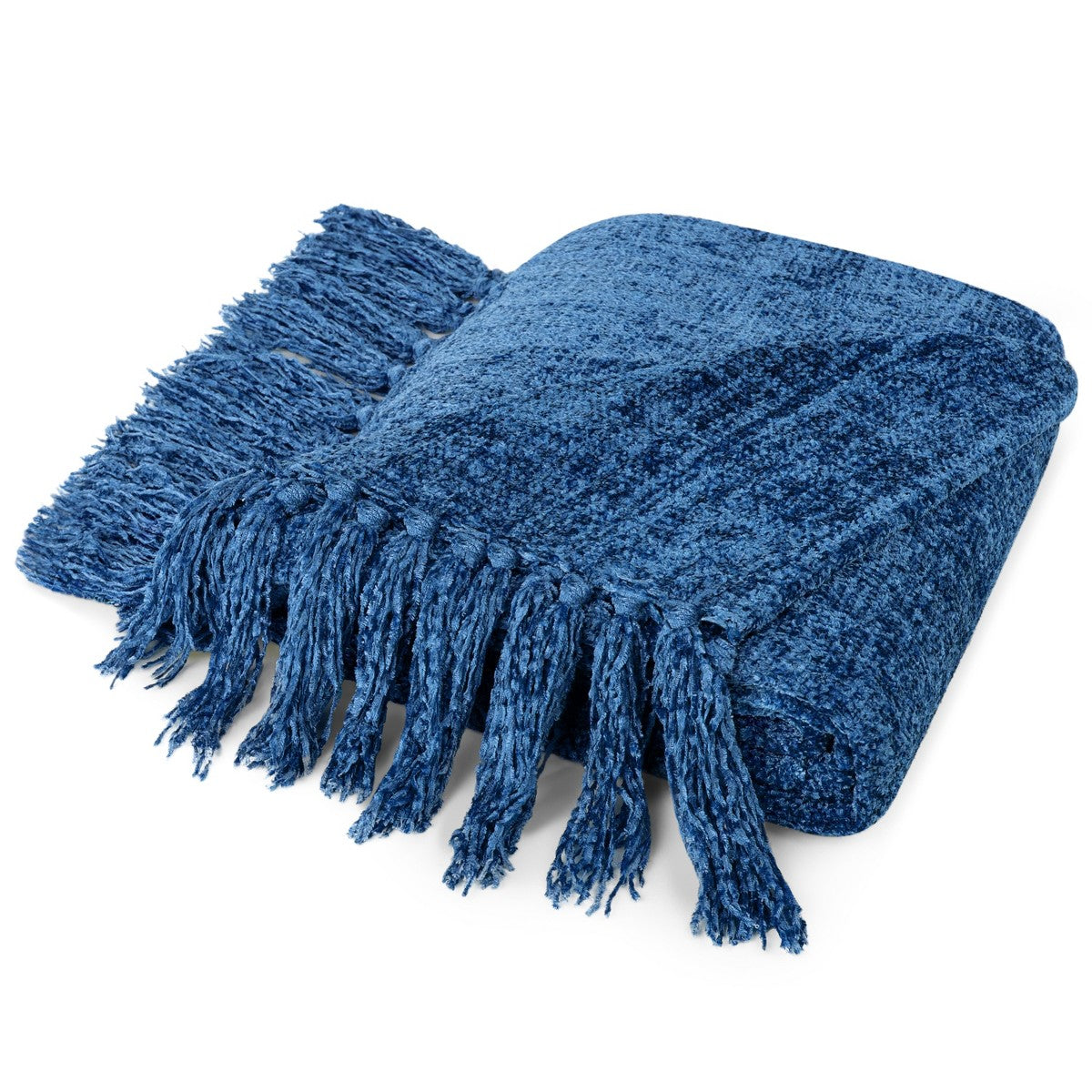 Porshmarks Chenille Throw Blanket with Tassel Fringe – Blue, 50x60