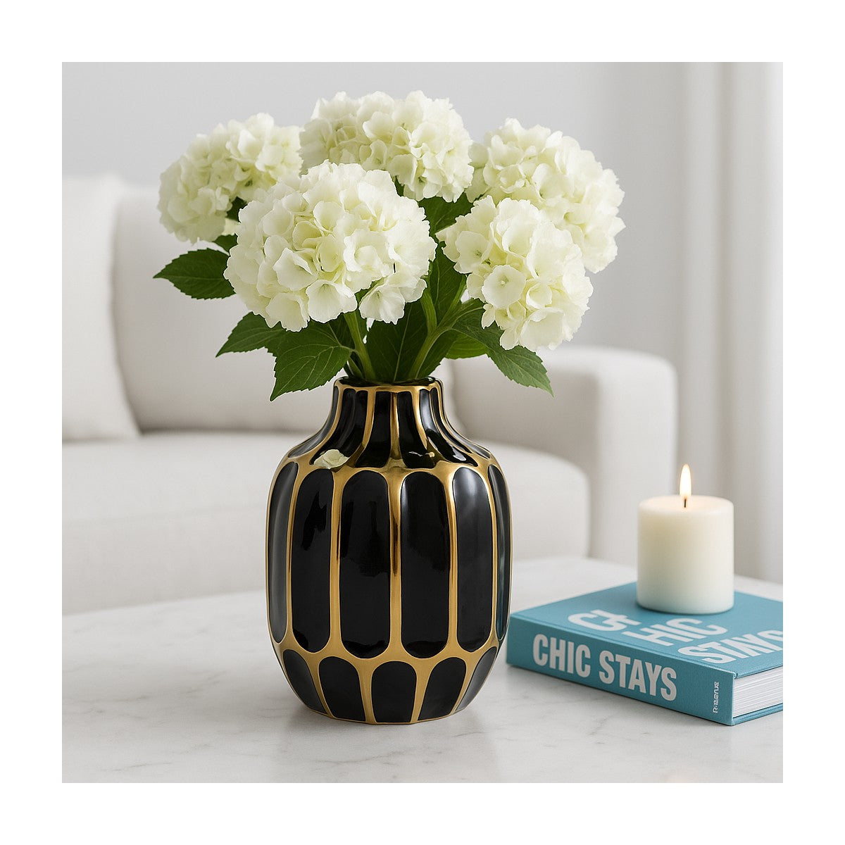 Porshmarks Fluted Ceramic Vase – Black & Gold, 8 in