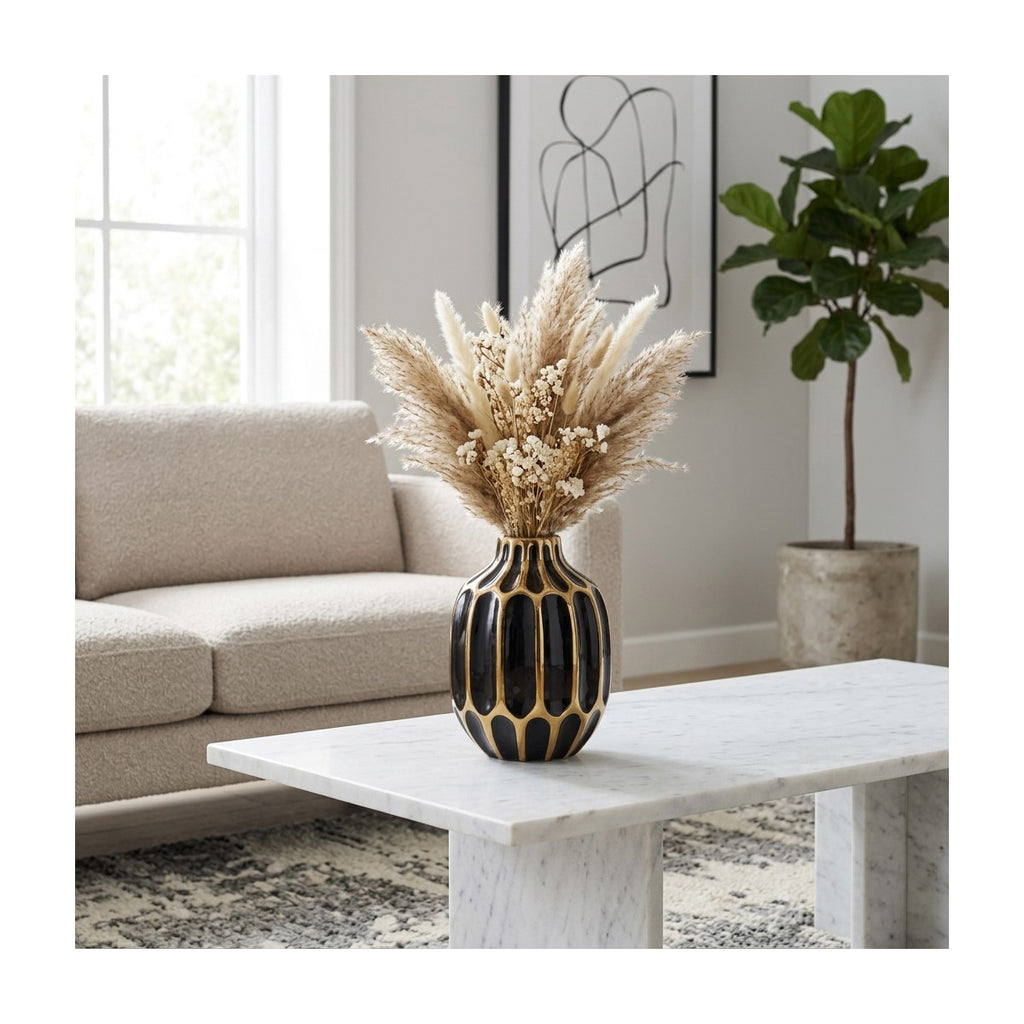 Porshmarks Fluted Ceramic Vase – Black & Gold, 8 in