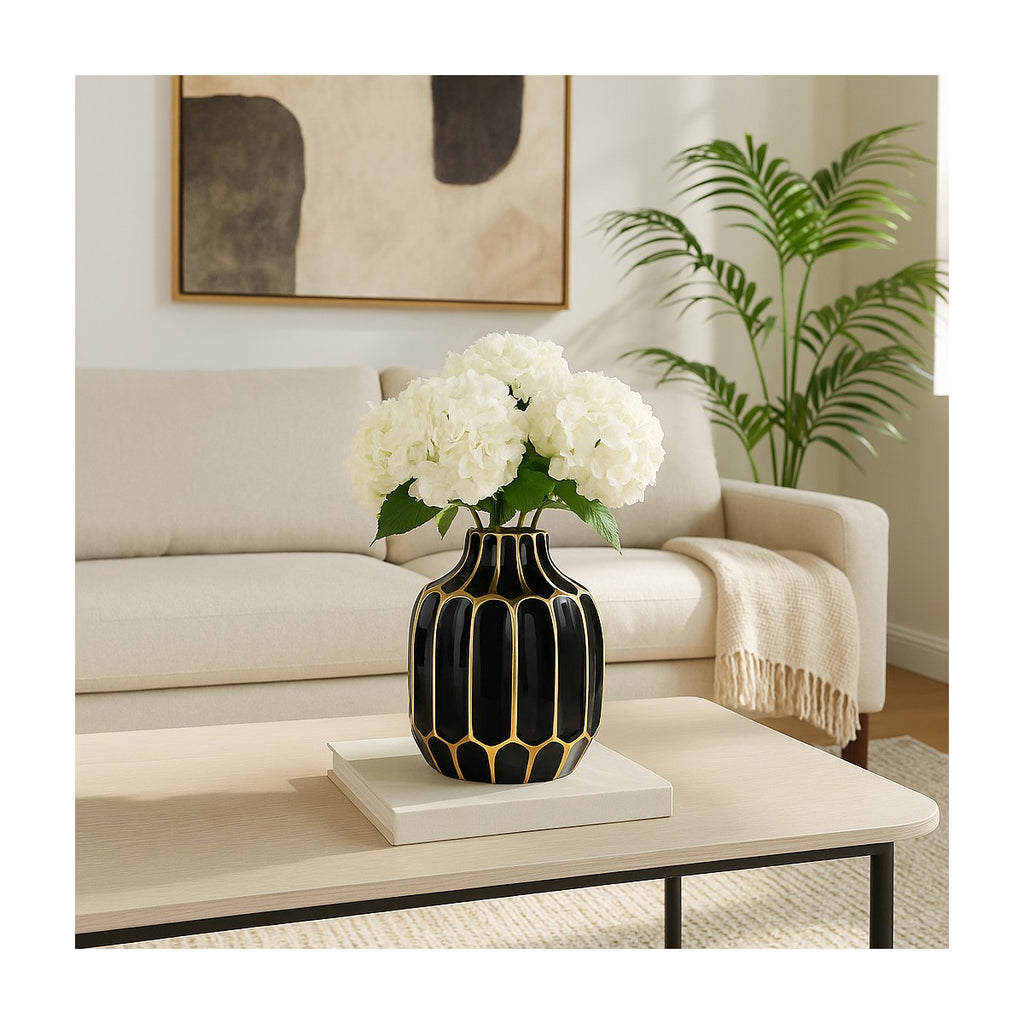 Porshmarks Fluted Ceramic Vase – Black & Gold, 8 in