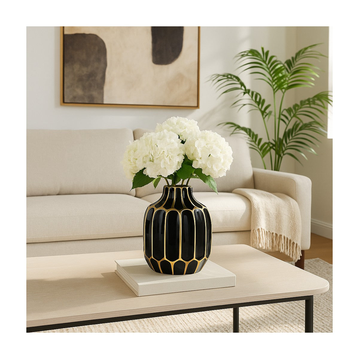 Porshmarks Fluted Ceramic Vase – Black & Gold, 8 in