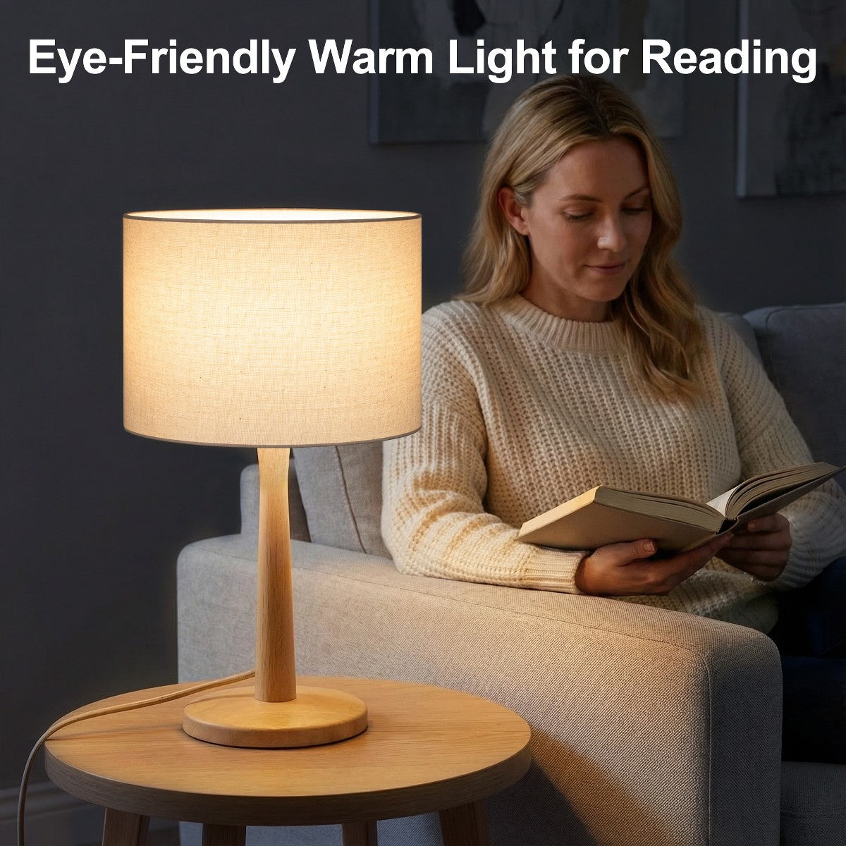Porshmarks Tapered Wood Base Table Lamp with Beige Linen Shade