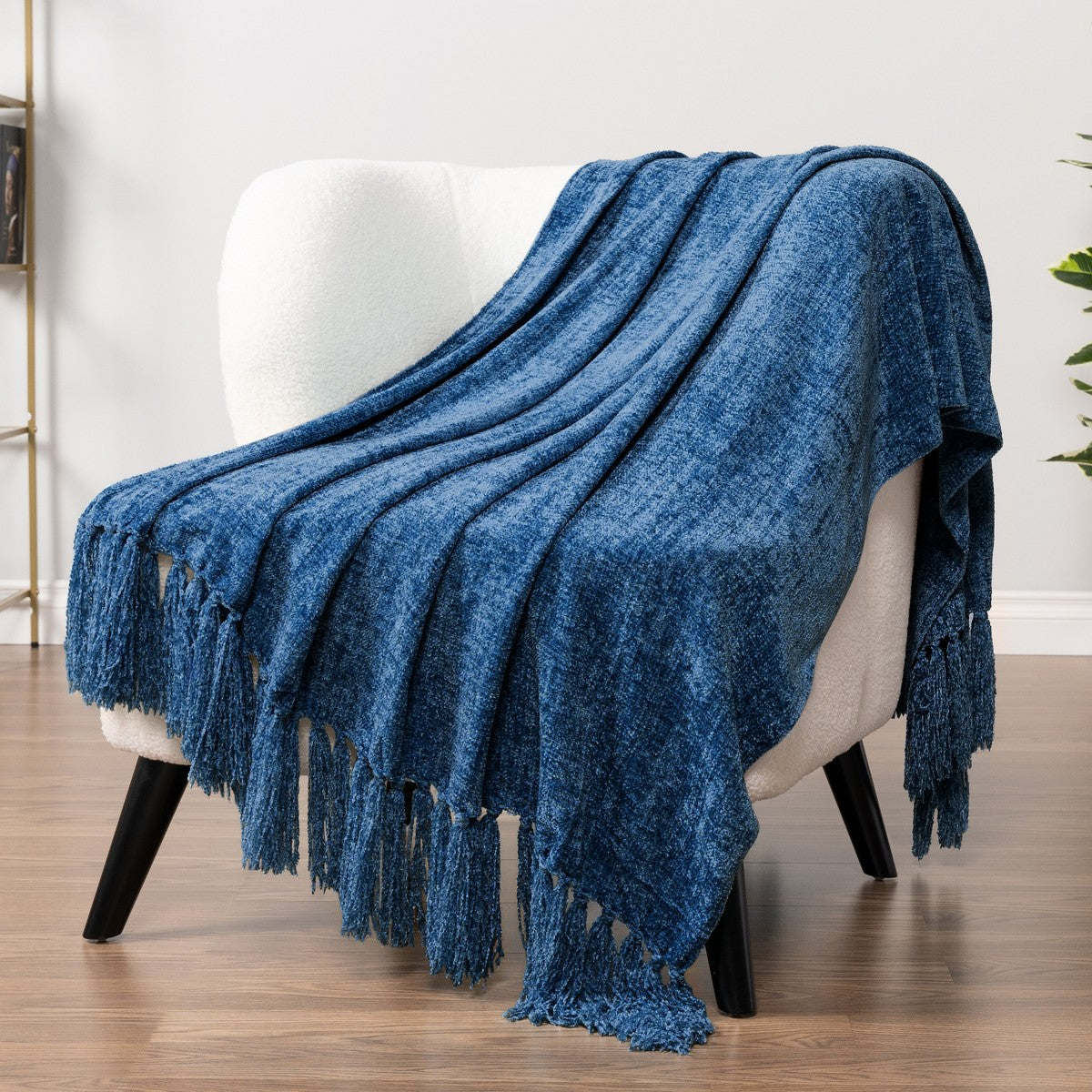 Porshmarks Chenille Throw Blanket with Tassel Fringe – Blue, 50x60