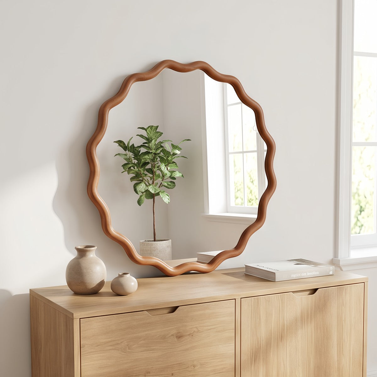 Porshmarks Round Wavy Wood Frame Wall Mirror – Brown, 24 in