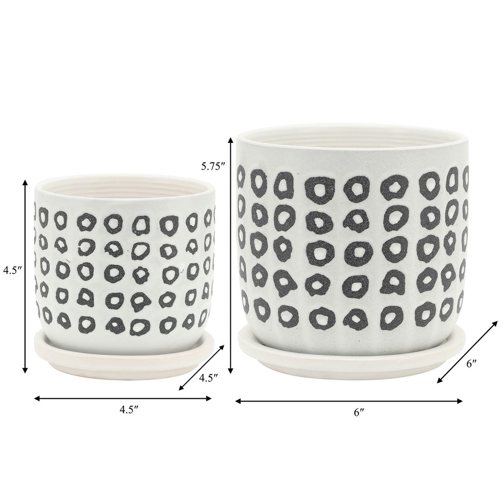 Porshmarks Black & White Patterned Ceramic Planters with Saucers, Set of 2
