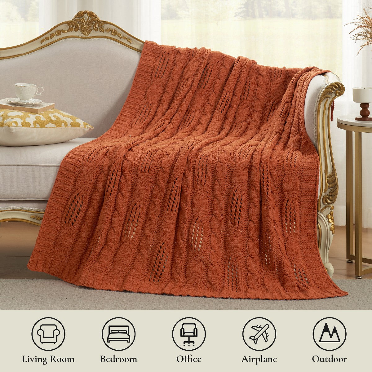 Porshmarks Cable Knit Chenille Throw Blanket – Burnt Orange, 60x80