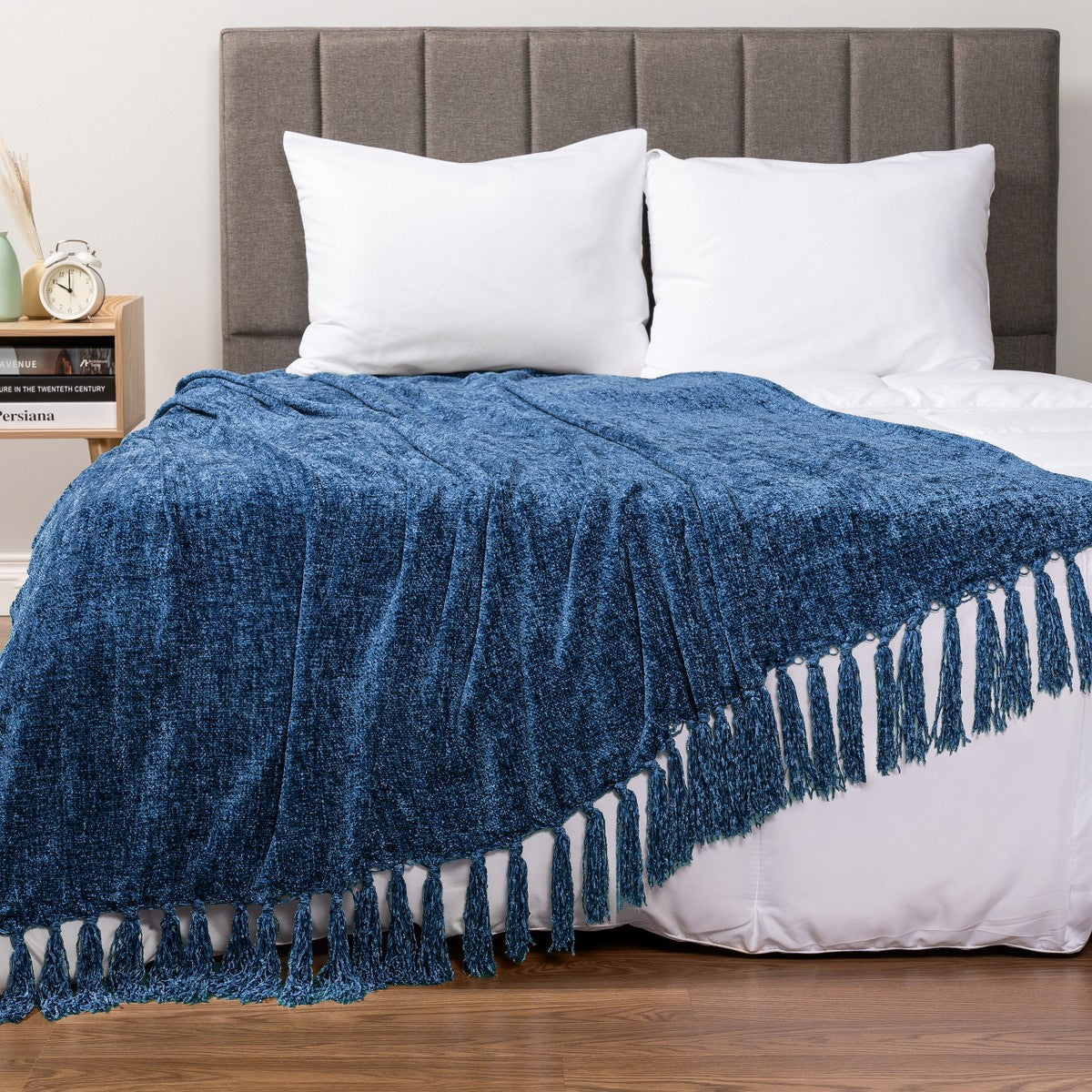 Porshmarks Chenille Throw Blanket with Tassel Fringe – Blue, 50x60