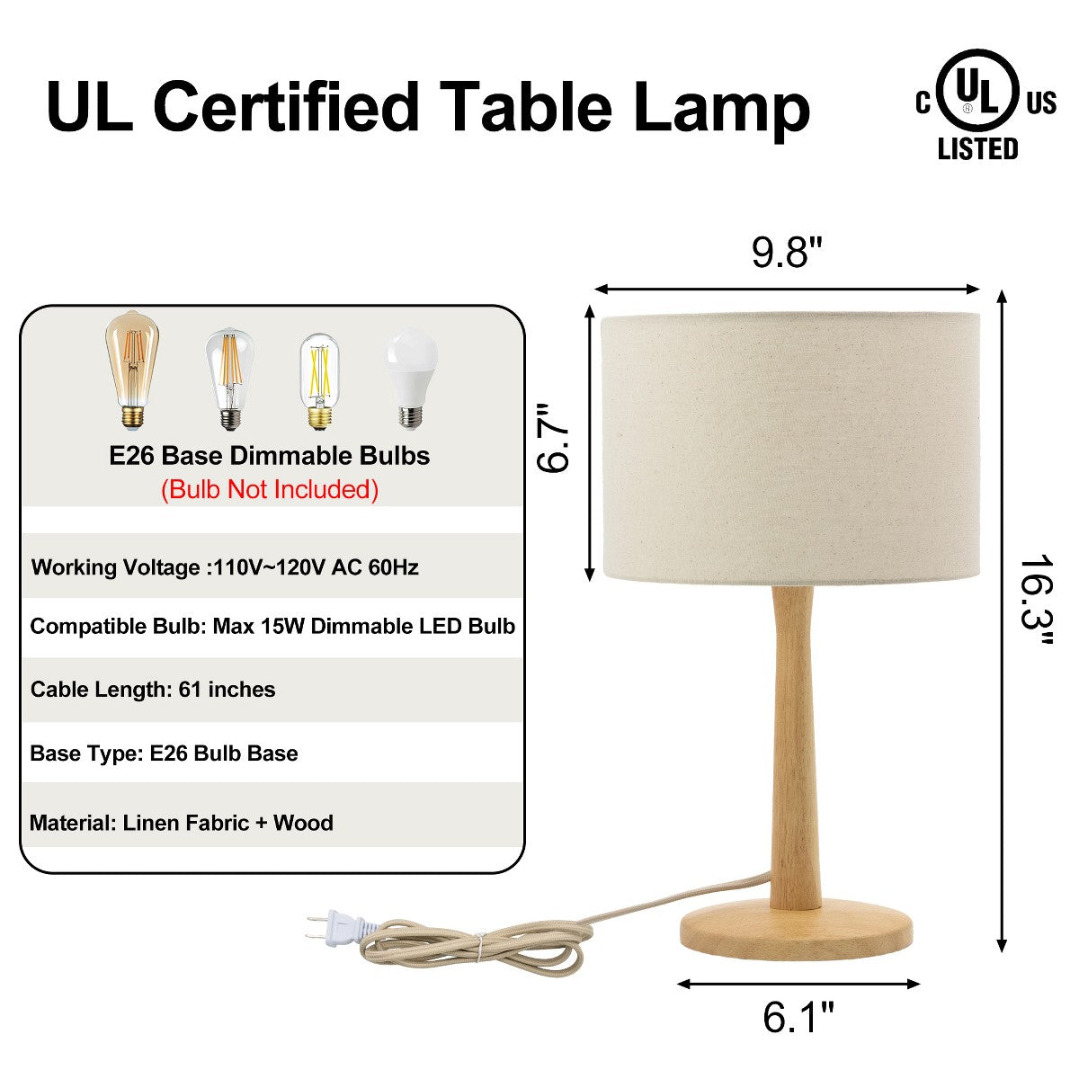 Porshmarks Tapered Wood Base Table Lamp with Beige Linen Shade