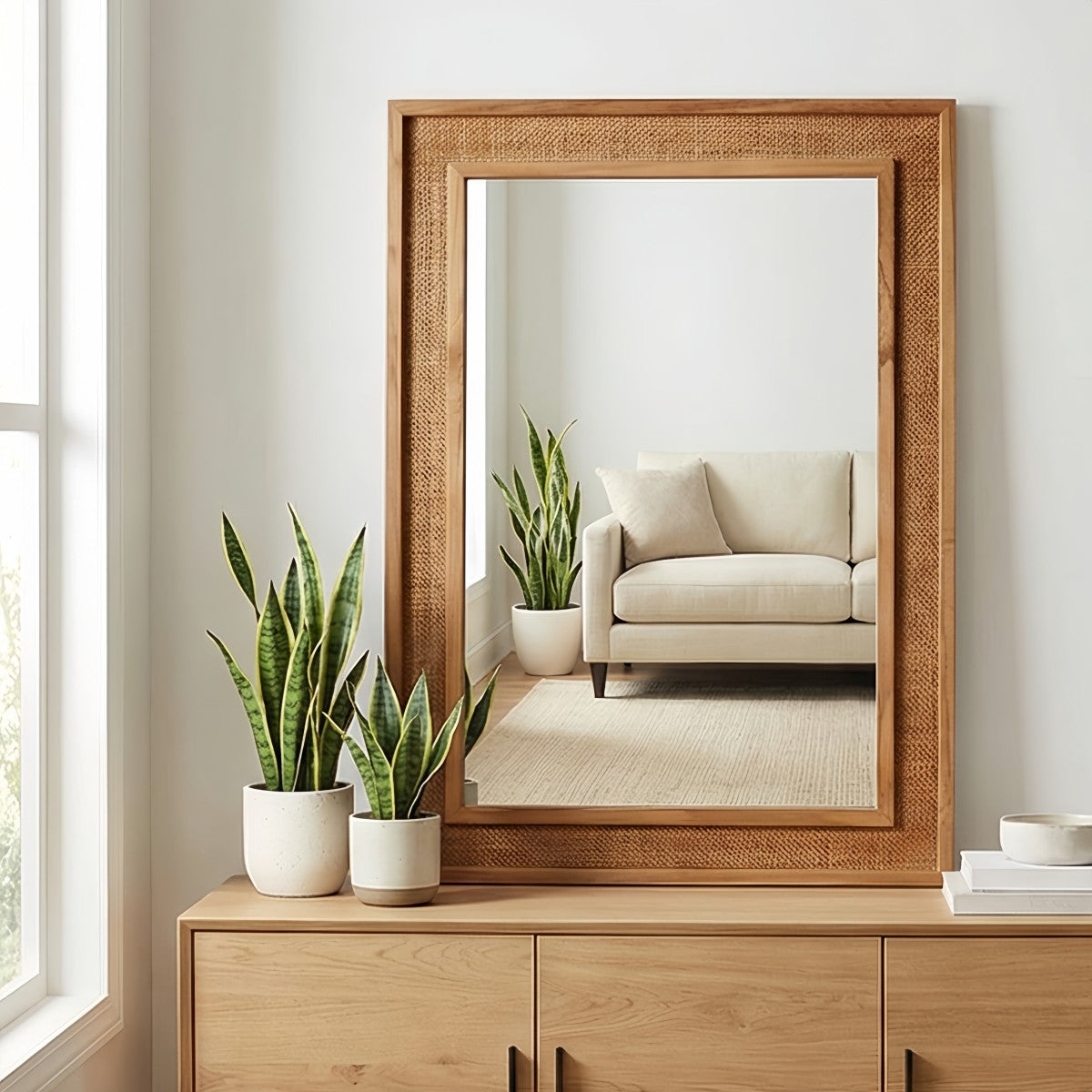 Porshmarks Rattan-Wrapped Rectangle Wall Mirror – Brown, 20x30