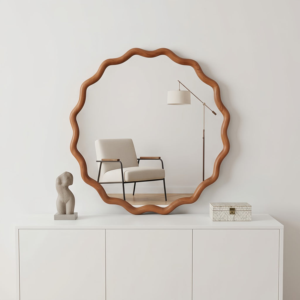 Porshmarks Round Wavy Wood Frame Wall Mirror – Brown, 24 in