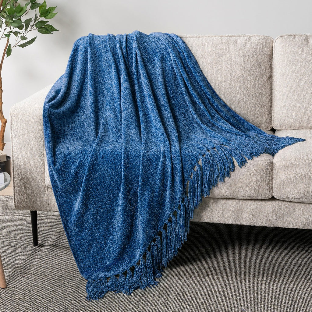 Porshmarks Chenille Throw Blanket with Tassel Fringe – Blue, 50x60