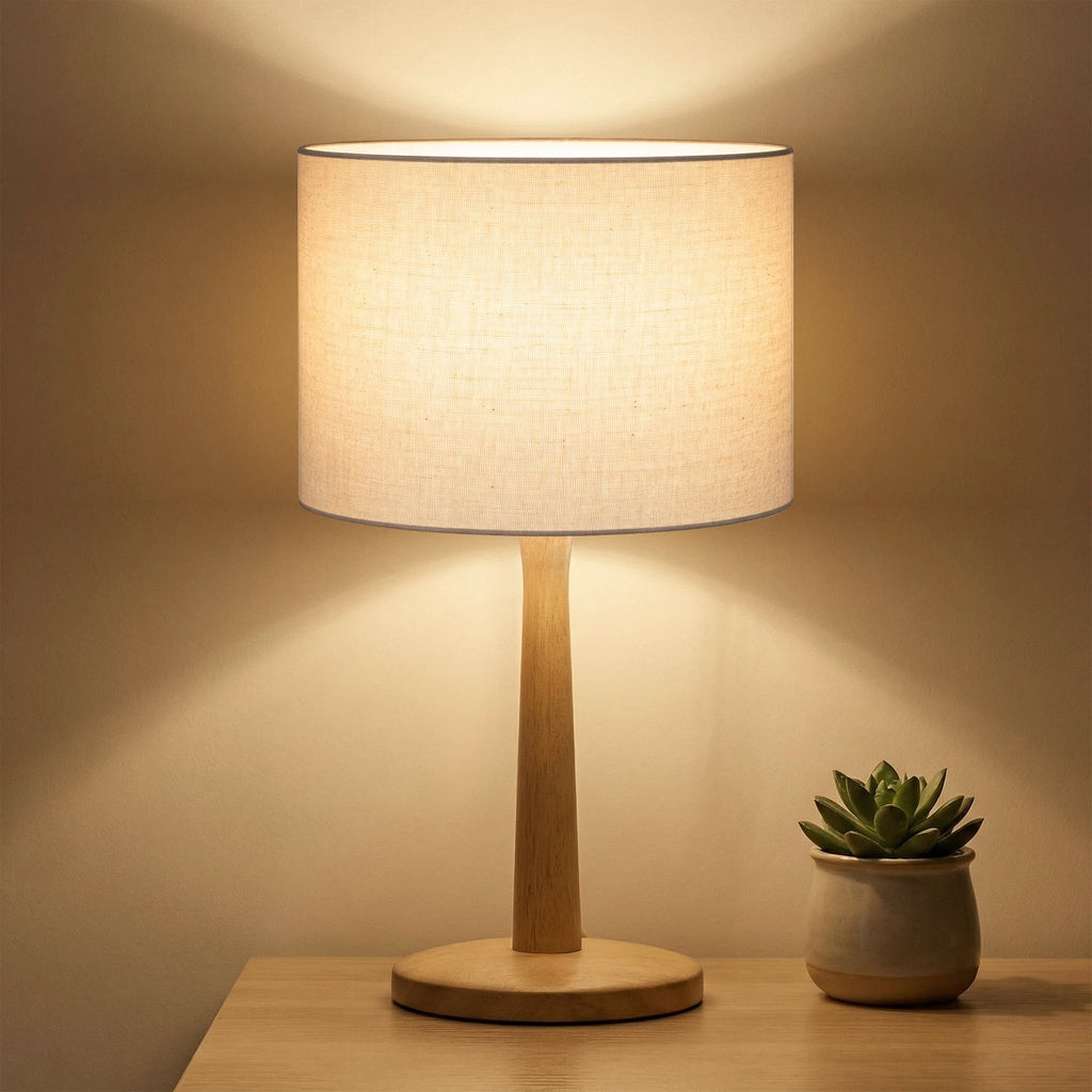 Porshmarks Tapered Wood Base Table Lamp with Beige Linen Shade